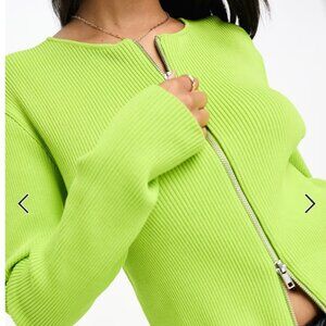 Monki Rib Knit Zip Up Top in Lime Green